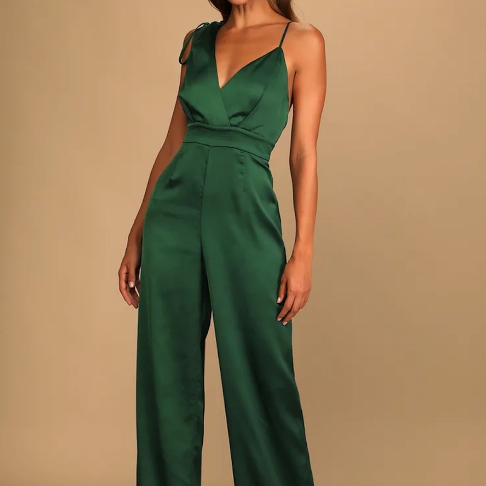 Lulu’s Look of Luxe Emerald Green - Satin Asymmetrical Wide-Leg Jumpsuit - NWT!